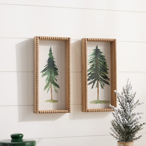 Melrose International Framed Pine Tree Plaque, Set of 2, Green/Beige
