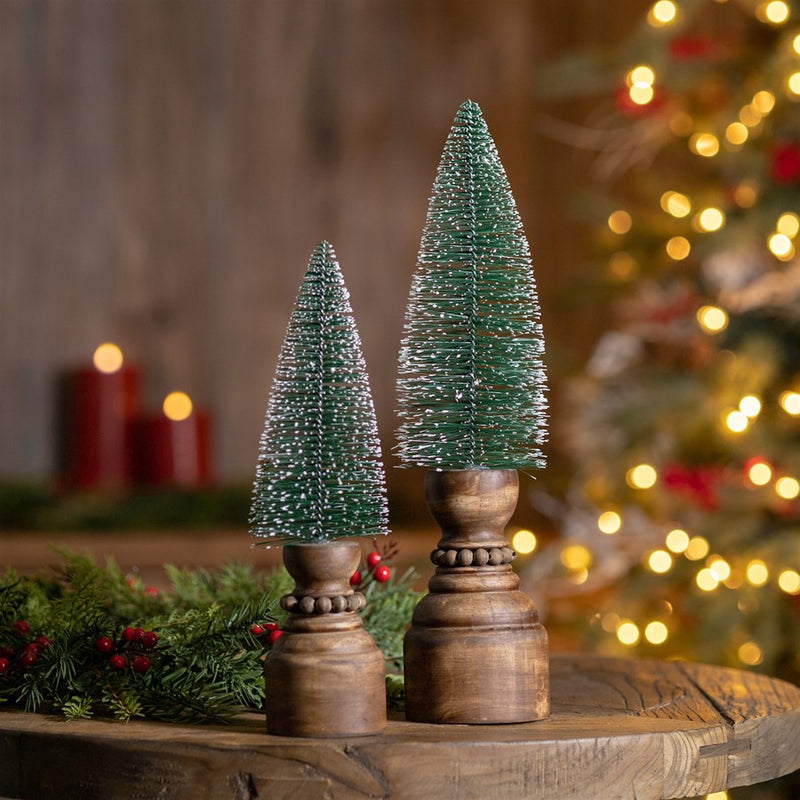 Melrose Mini Bottle Brush Tree on Pedestal, Set of 2, Green/Brown