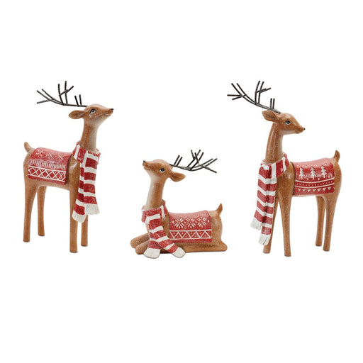 Melrose Glittered Nordic Deer Figurine, Set of 3, Brown/Red - 90758DS