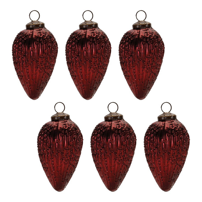 Melrose Burgandy Ribbed Glass Drop Oranment, Set of 6, Red