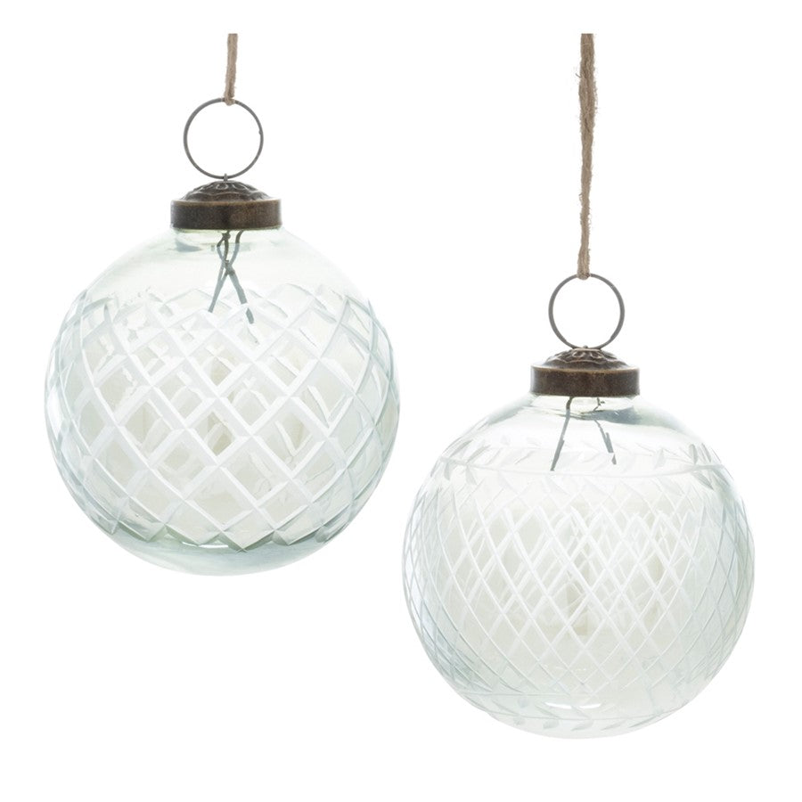Melrose Int. Etched Clear Glass Ball Ornament, Set of 6, Green - 90809DS