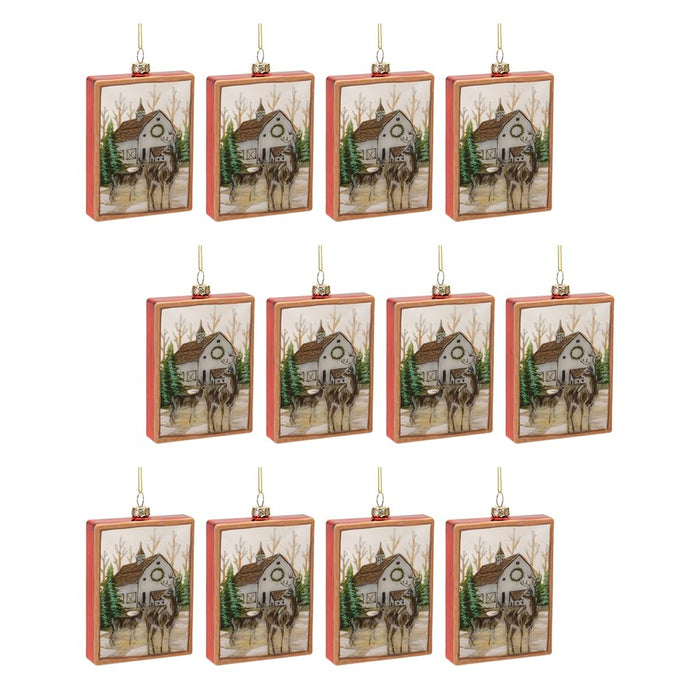 Melrose Glittered Deer Farm Glass Ornament, Set of 12, White/Red/Green