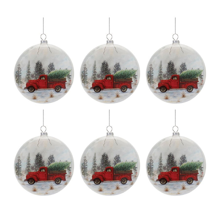 Melrose Glitter Glass Pickup Truck Ball Ornament, Set of 6, White/Red