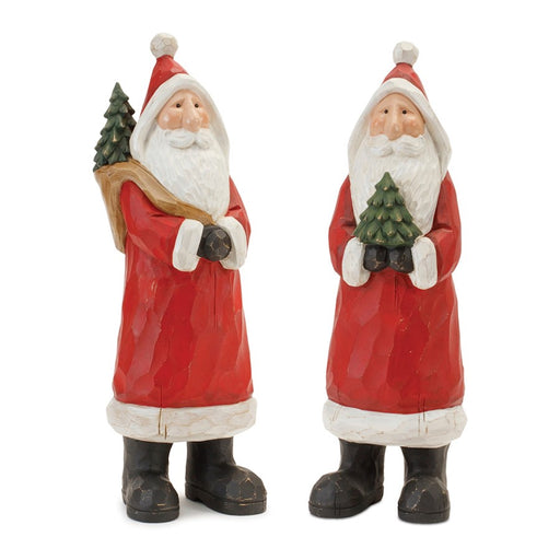 Melrose Woodland Santa/Pine Tree Statue, Set of 2, Red/White - 90875DS