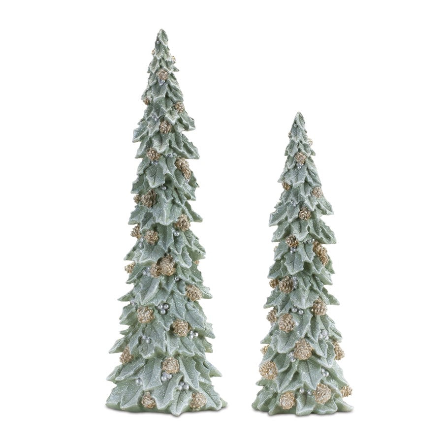 Melrose Glittered Holly Pinecone Tree, Set of 2, Green/Gold - 90879DS