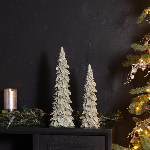 Melrose Glittered Holly Pinecone Tree, Set of 2, Green/Gold
