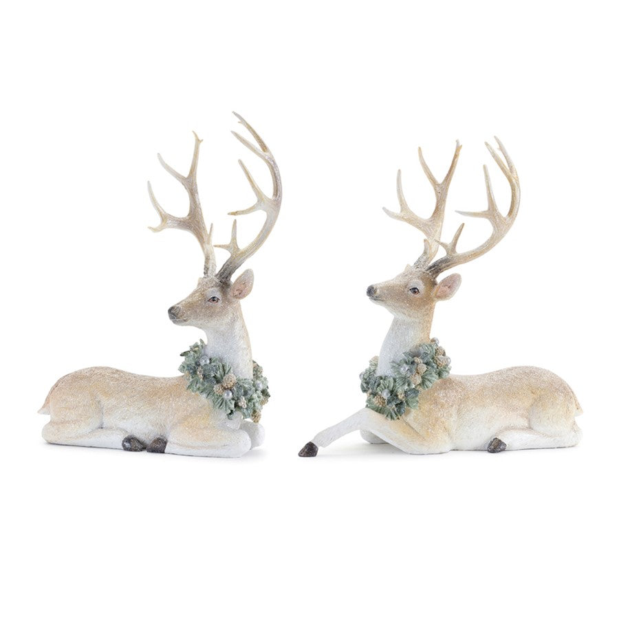 Melrose Glittered Deer/Holly Wreath, Set of 2, Beige/White - 90880DS
