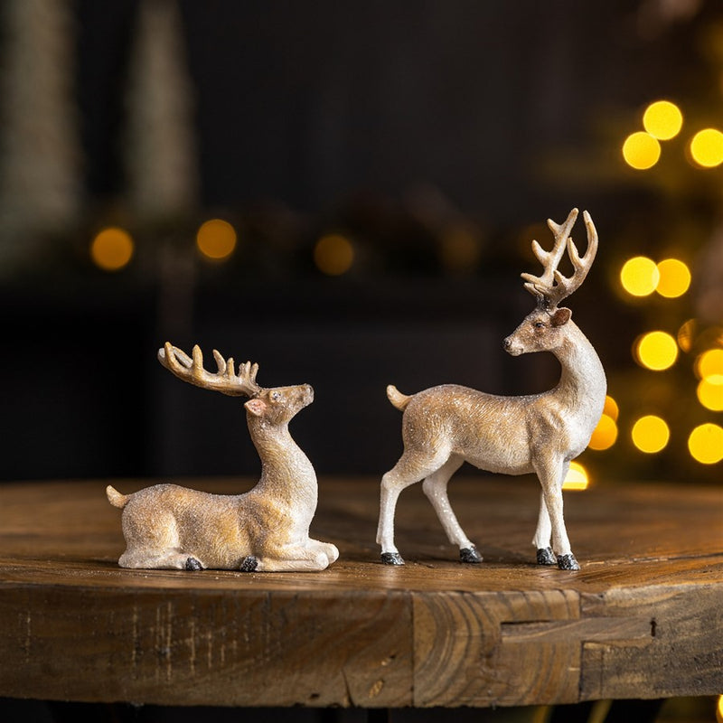 Melrose Mini Glittered Holiday Deer Figurine, Set of 6, Beige/White