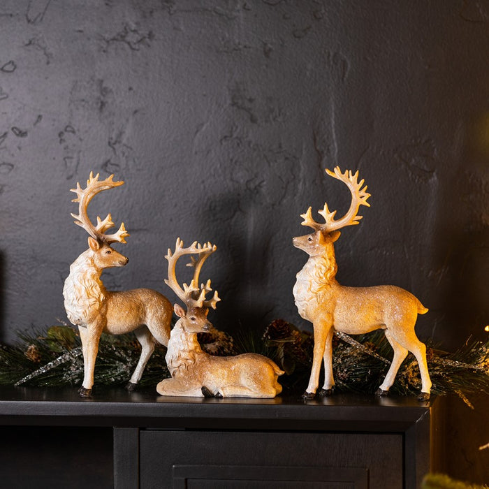 Melrose Glittered Holiday Deer Figurine, Set of 3, Beige/White
