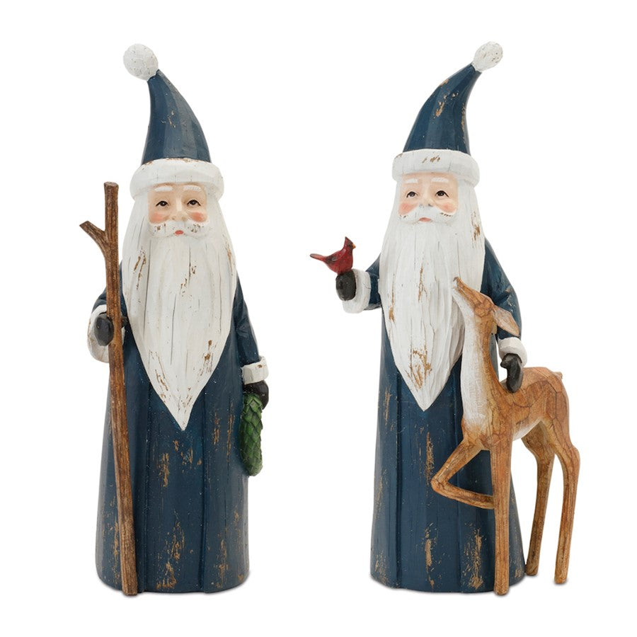 Melrose Carved Woodland Santa/Deer Figurine, Set of 2, Blue/White - 90888DS
