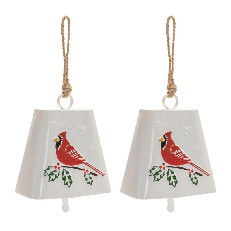 Melrose Metal Cardinal Bird Bell Ornament, Set of 2, Red/White