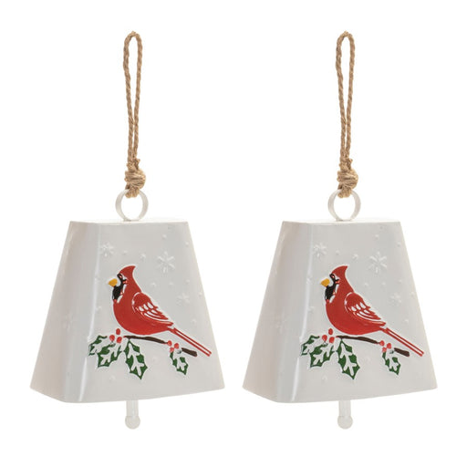 Melrose Metal Cardinal Bird Bell Ornament, Set of 2, Red/White