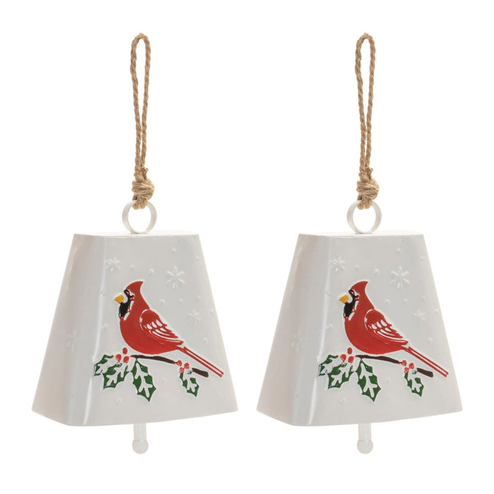 Melrose Metal Cardinal Bird Bell Ornament, Set of 2, Red/White