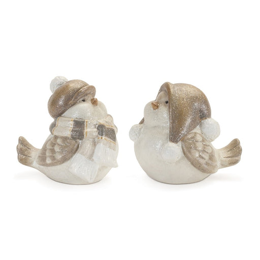 Melrose International Glittered Winter Bird/Hat, Set of 4, White/Grey - 90910DS