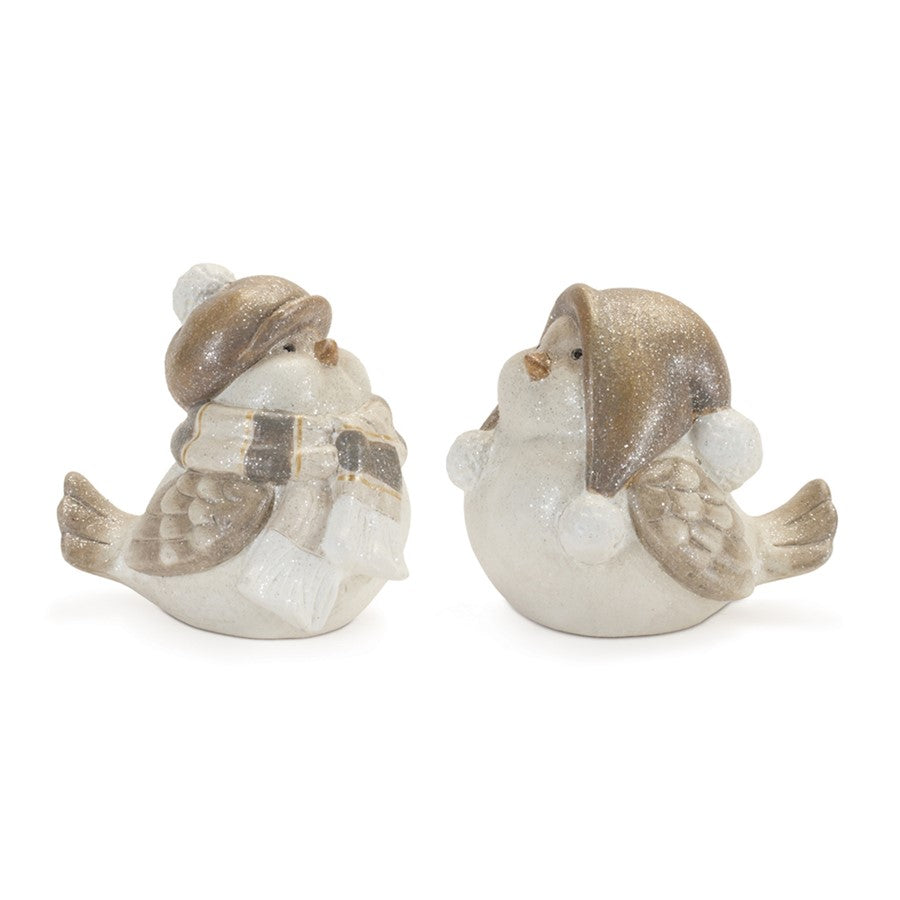 Melrose International Glittered Winter Bird/Hat, Set of 4, White/Grey - 90910DS