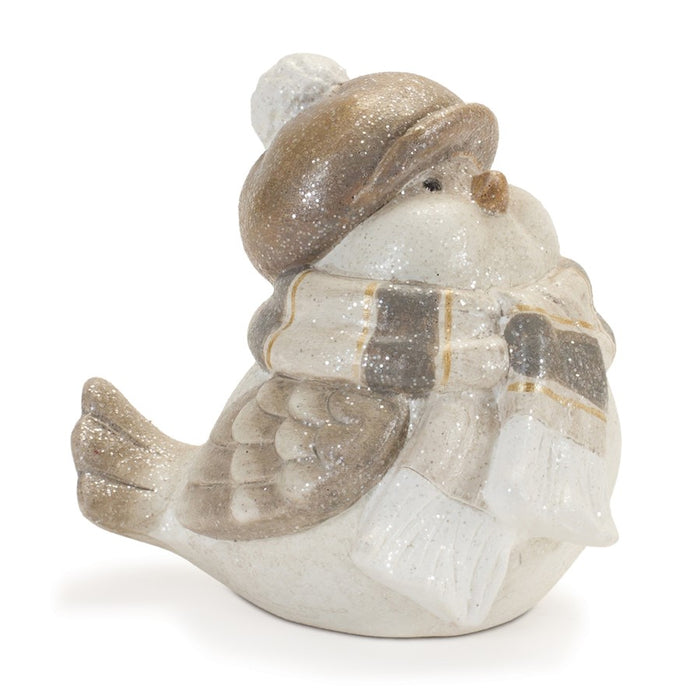 Melrose International Glittered Winter Bird/Hat, Set of 4, White/Grey