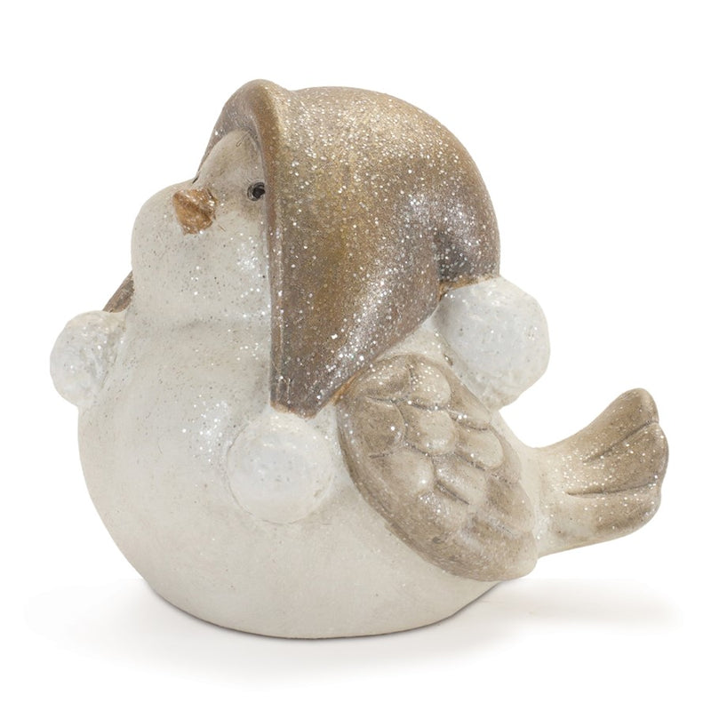 Melrose International Glittered Winter Bird/Hat, Set of 4, White/Grey