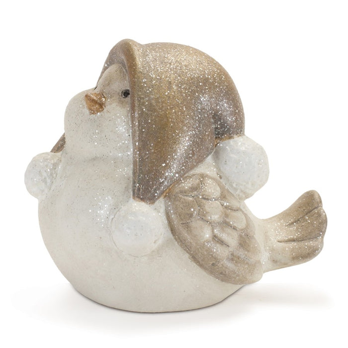 Melrose International Glittered Winter Bird/Hat, Set of 4, White/Grey
