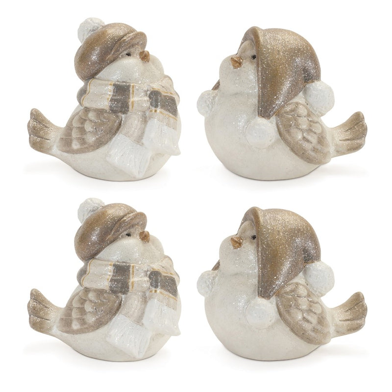 Melrose International Glittered Winter Bird/Hat, Set of 4, White/Grey