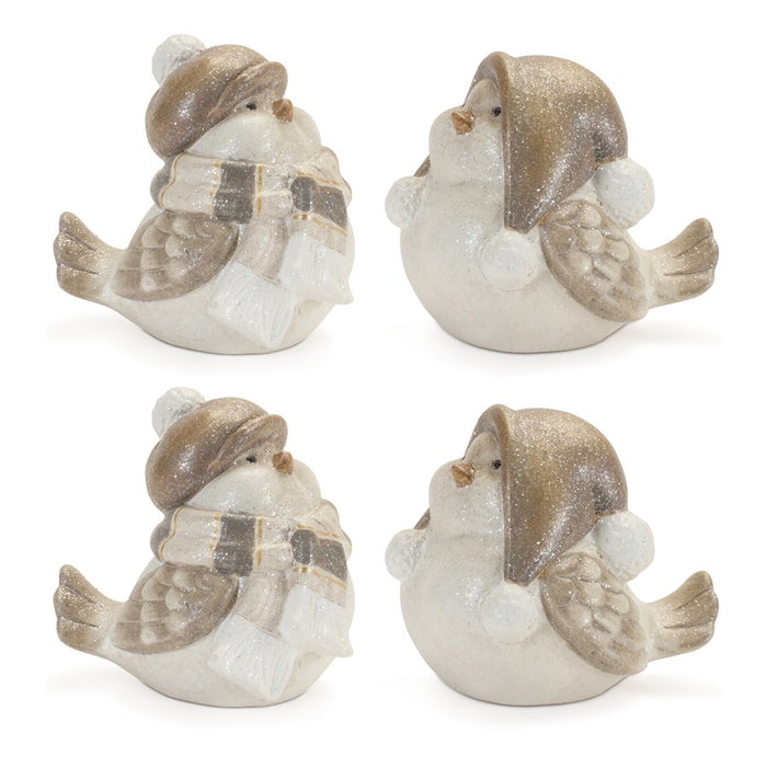 Melrose International Glittered Winter Bird/Hat, Set of 4, White/Grey
