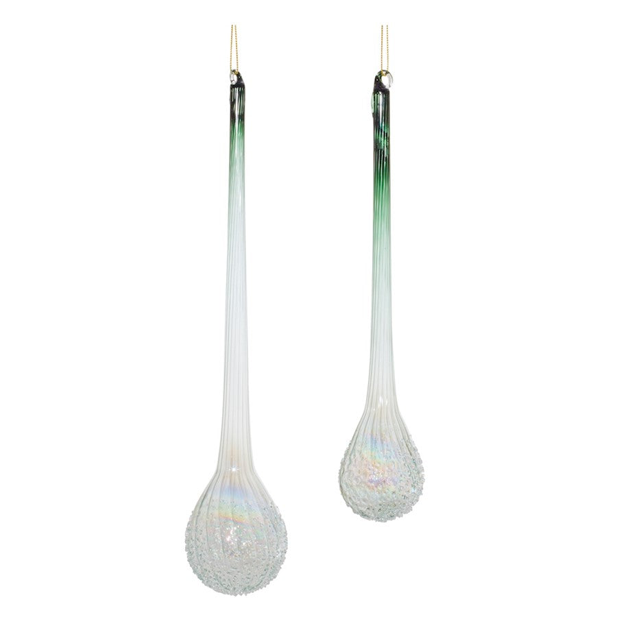 Melrose Iridescent Ribbed Glass Icicle Drop Ornament, Set of 12, Green - 90913DS