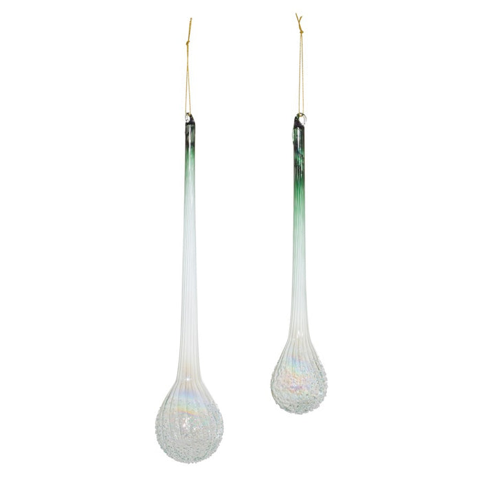 Melrose Iridescent Ribbed Glass Icicle Drop Ornament, Set of 12, Green