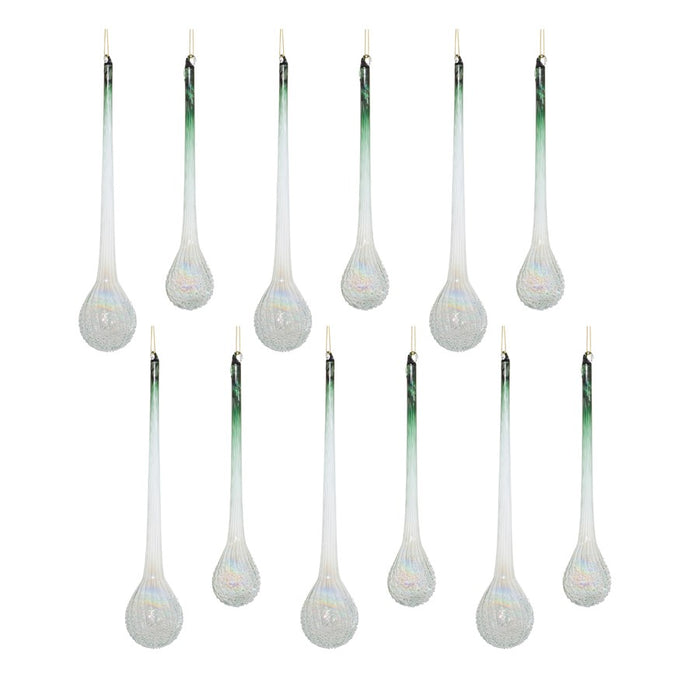 Melrose Iridescent Ribbed Glass Icicle Drop Ornament, Set of 12, Green