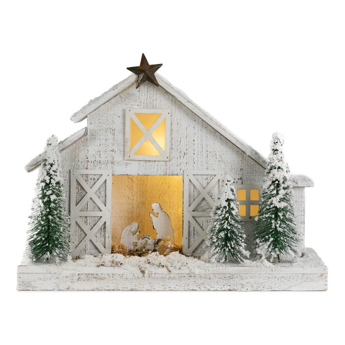 Melrose LED Flocked Nativity Stable Display 19.5"L, White/Green - 90981DS