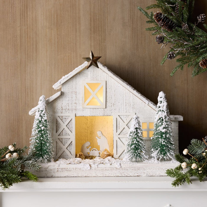 Melrose LED Flocked Nativity Stable Display 19.5"L, White/Green