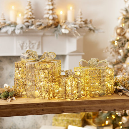 Melrose International LED Wrapped Presents Display, Set of 3, Gold