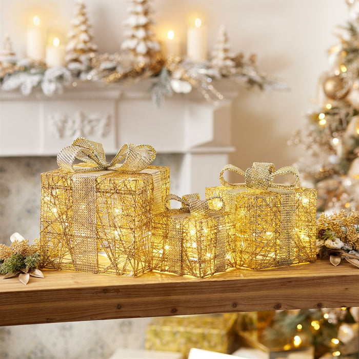 Melrose International LED Wrapped Presents Display, Set of 3, Gold