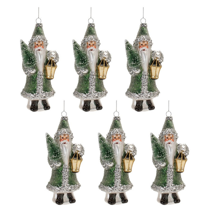 Melrose Glittered Glass Santa Ornament, Set of 6, Green/White