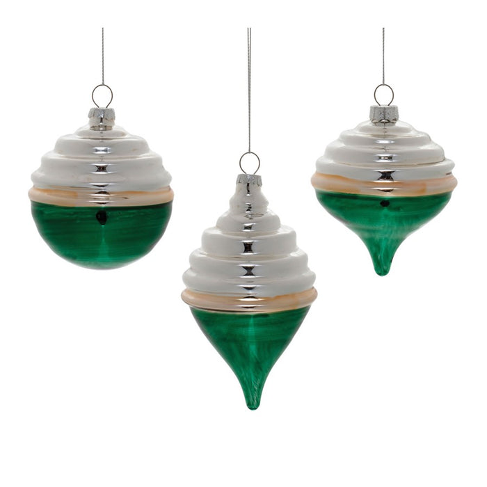 Melrose Two-Tone Tiered Glass Ornament, Set of 12, Green/Silver - 91030DS