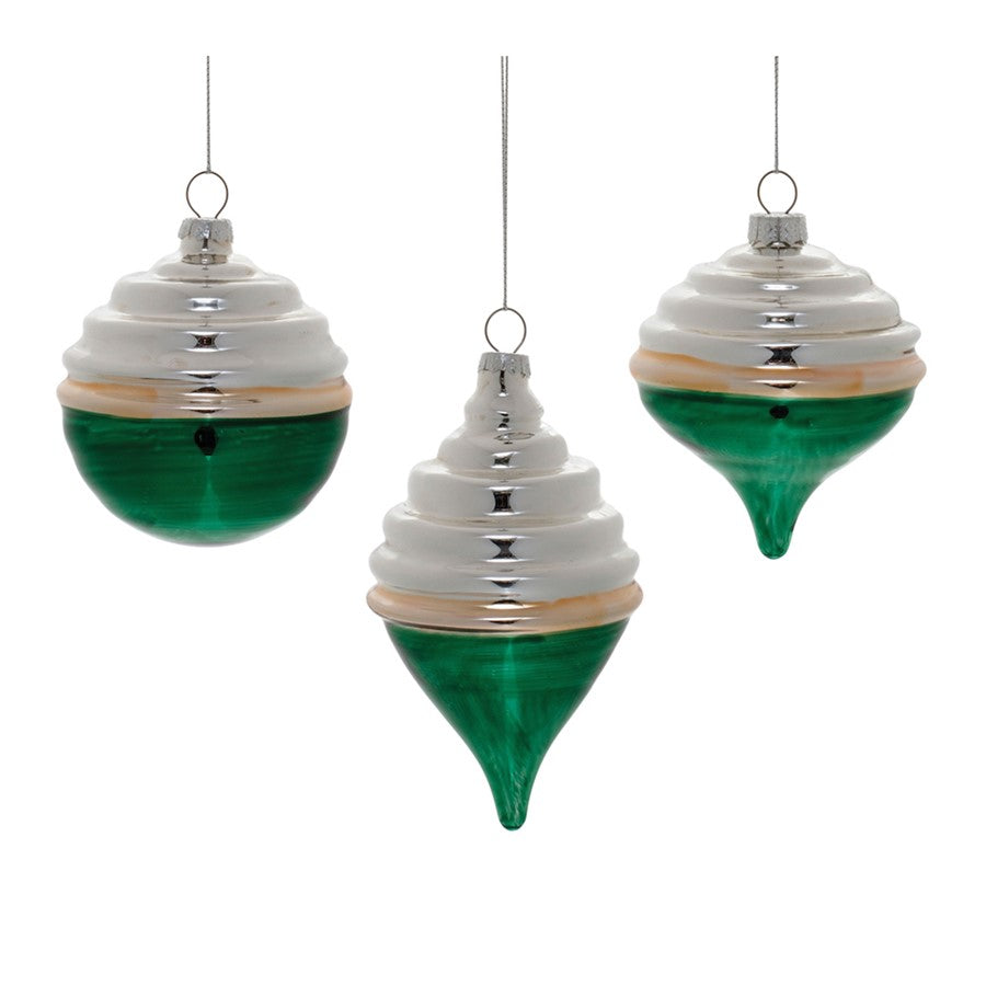 Melrose Two-Tone Tiered Glass Ornament, Set of 12, Green/Silver - 91030DS