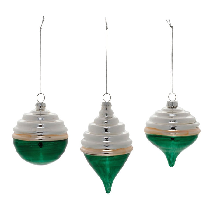 Melrose Two-Tone Tiered Glass Ornament, Set of 12, Green/Silver