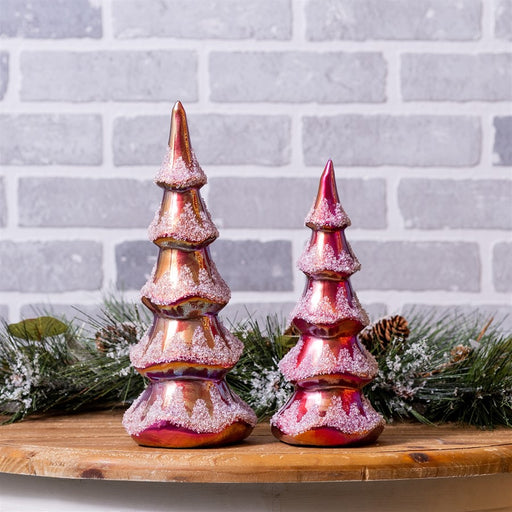 Melrose International Beaded Iridescent Glass Tree, Set of 2, Pink