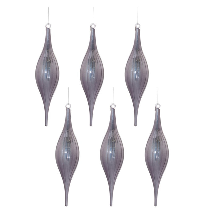Melrose International Ribbed Glass Drop Ornament, Set of 6, Grey