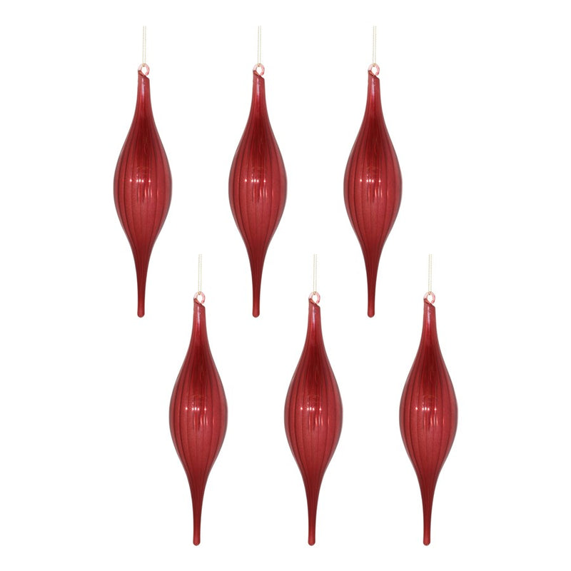 Melrose International Ribbed Glass Drop Ornament, Set of 6, Red
