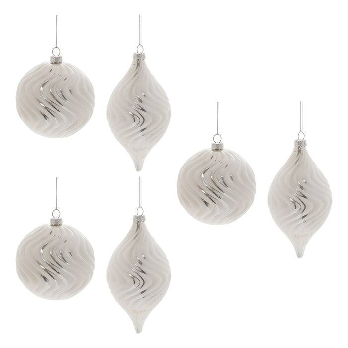 Melrose International Ivory Wavy Glass Ornament, Set of 6, Silver