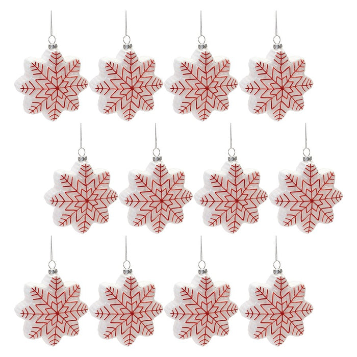 Melrose International Glass Snowflake Ornament, Set of 12, Red/White