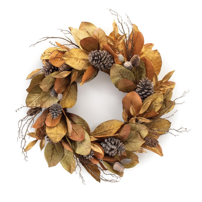 Melrose Harvest Magnolia Leaf Twig Wreath 27.75"D, Green/Orange/Brown - 91048DS