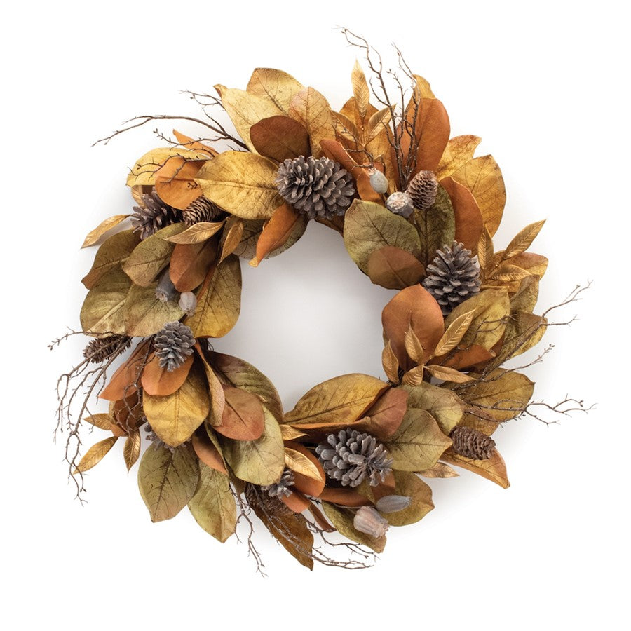 Melrose Harvest Magnolia Leaf Twig Wreath 27.75"D, Green/Orange/Brown - 91048DS