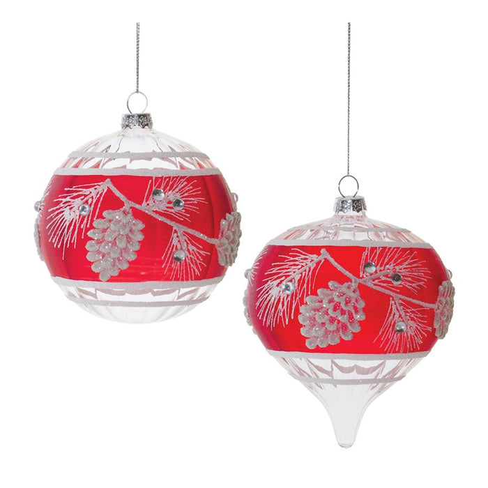 Melrose Glittered Glass Pinecone Ornament, Set of 6, Red/White - 91062DS