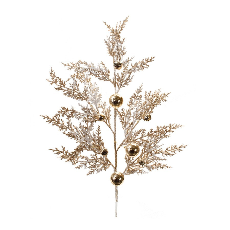 Melrose International Flocked Sleigh Bell Pine Spray, Gold/White - 91083DS