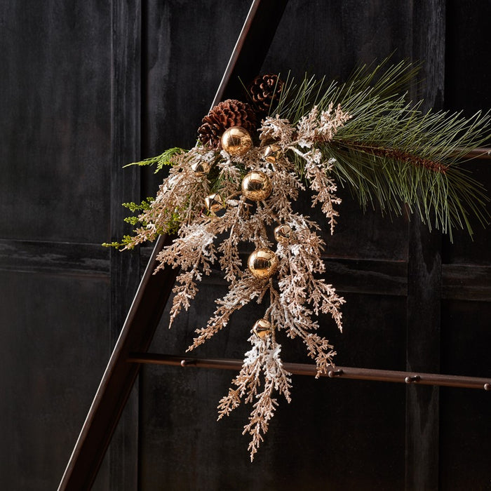 Melrose International Flocked Sleigh Bell Pine Spray, Gold/White