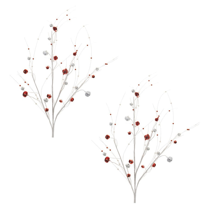 Melrose Glittered Sleigh Bell Berry Twig Spray, Set of 2, Red/White
