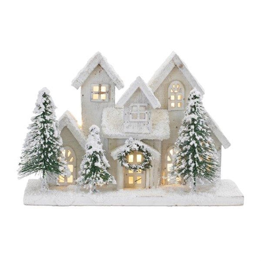 Melrose LED Flocked Holiday Village Display 12.5"L, White/Green - 91116DS