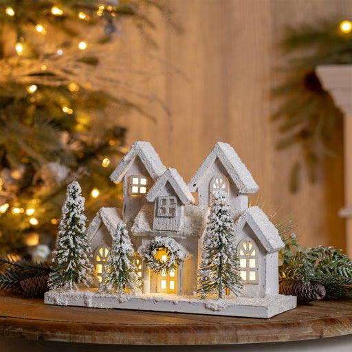 Melrose LED Flocked Holiday Village Display 12.5"L, White/Green