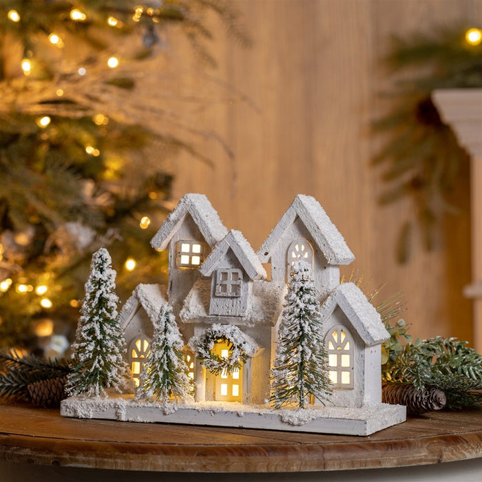 Melrose LED Flocked Holiday Village Display 12.5"L, White/Green