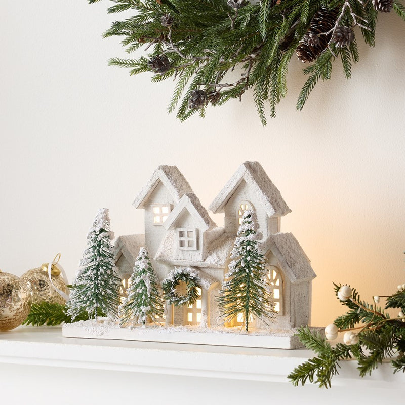 Melrose LED Flocked Holiday Village Display 12.5"L, White/Green
